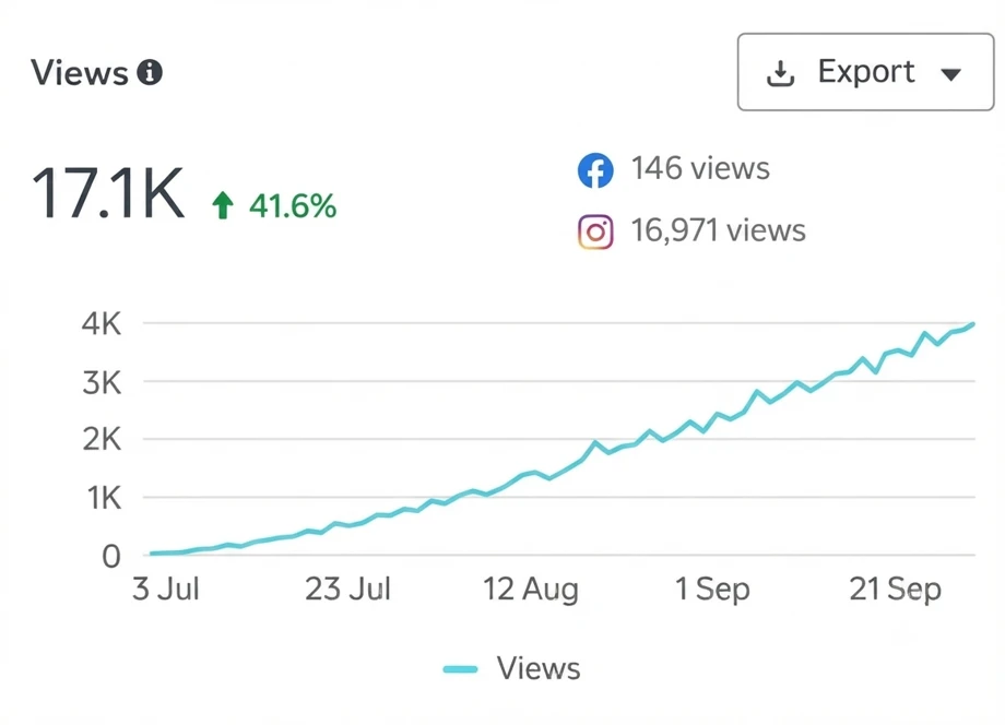 Meta insights: 17.1K views, up 41.6%: 146 on Facebook and 16,971 on Instagram.
